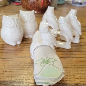 Elegant White Owl and Bird Napkin Rings Set With Salt & Pepper Shakers